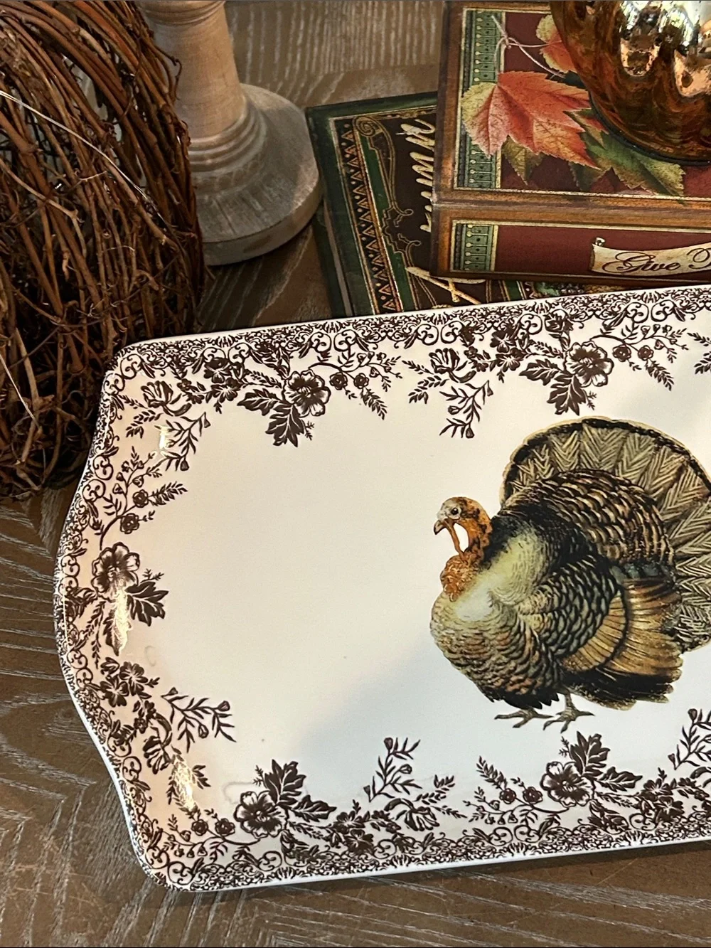 NEW! Fall Harvest Toile Ceramic Thanksgiving Turkey Serving Platter Tray